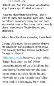 False allegations of stalking by Noel Hawkins